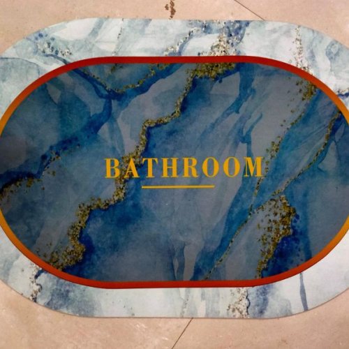 Oval Blue Marble Gloss Bathroom Floor Mat