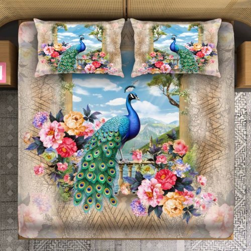 Peacock Bloom Balcony View Print Velvet Touch Regal Garden Bedsheet