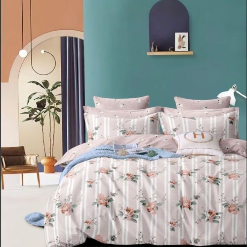 Pink Floral Stripe Peach Green Teal Arch Accent Soft Layer Comforter