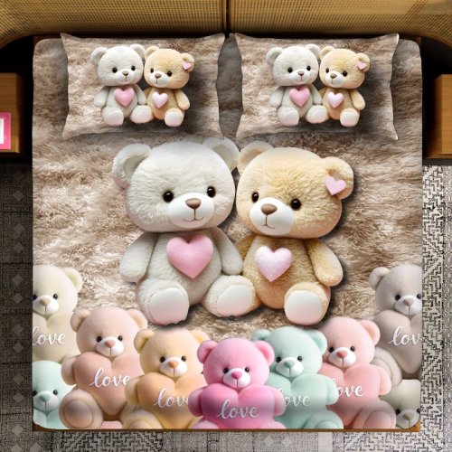 Plush Fur Dual Bear Heart Print Teddy Love Bedsheet