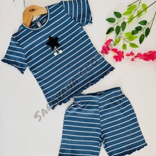 Girls Blue Striped Top &AMP; Shorts Set