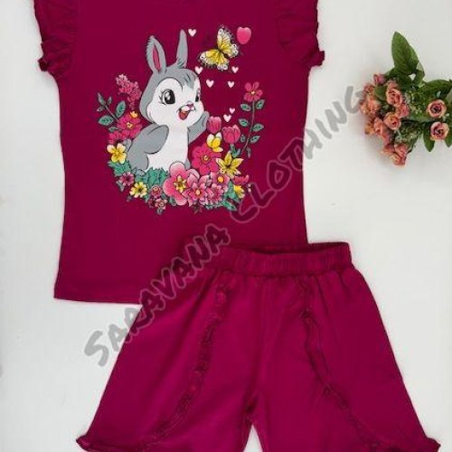 Girls Cute Bunny and Floral Print T-shirt with Shorts