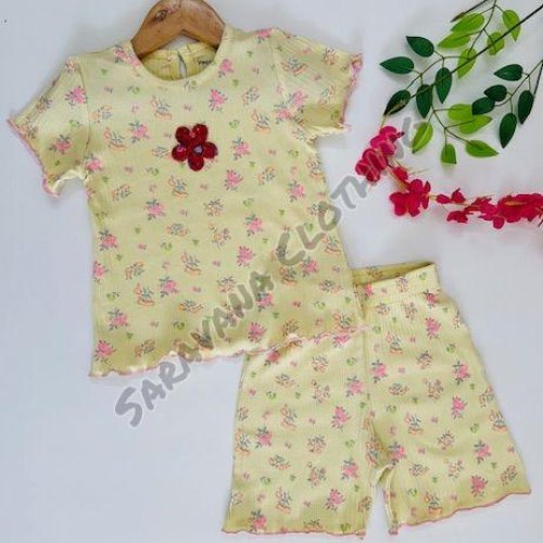 Girls Floral Print Ribbed T-shirt and Shorts Set