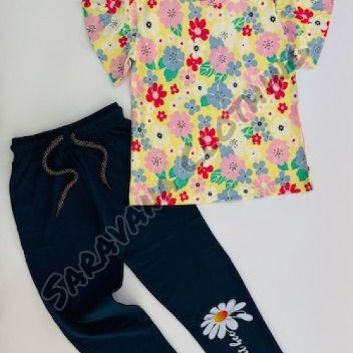 Girls Floral Print T-shirt &AMP; Navy Blue Pajama Set
