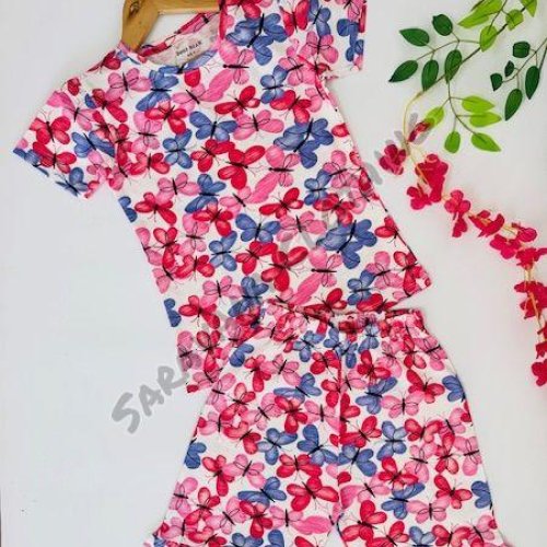 Girls Vibrant Butterfly Ruffle T-shirt &AMP; Shorts Set