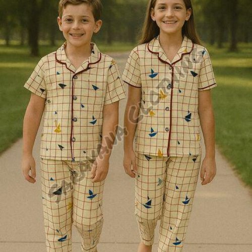 Kids Checkered Boat Print Cotton Pajama Set
