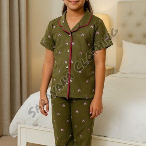 Kids Olive Green Ribbed Rainbow Print Pajama Set