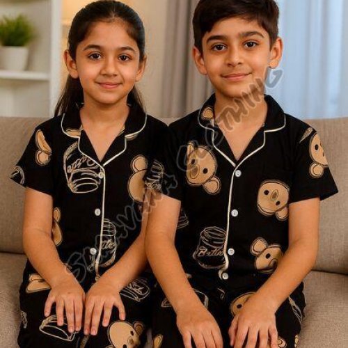 Unisex Black Teddy Bear Print Pajama Set