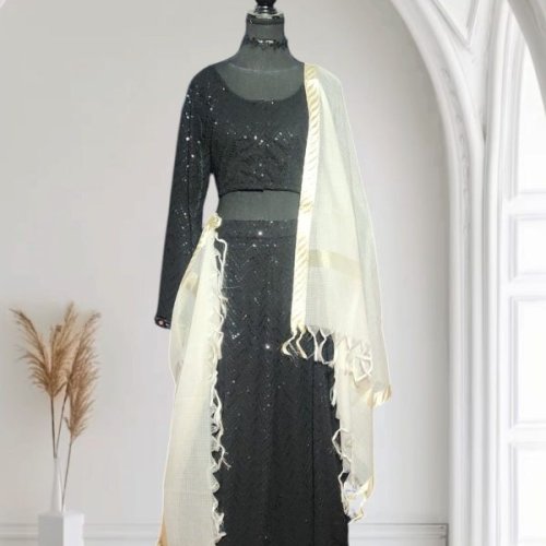 Black Georgette Slub Ladies Skirt Set