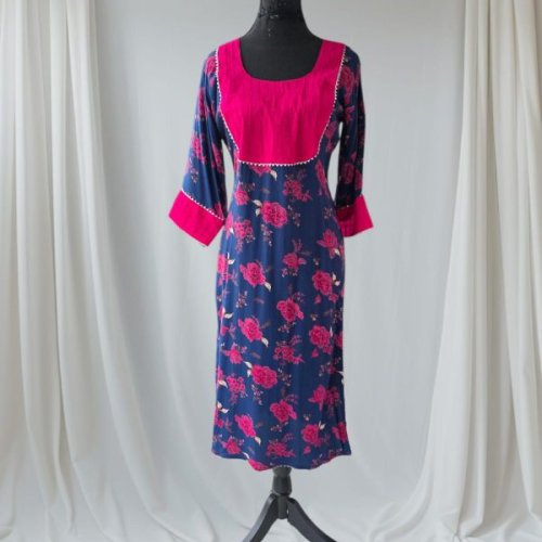 Blue Pink Printed Rayon Kurti