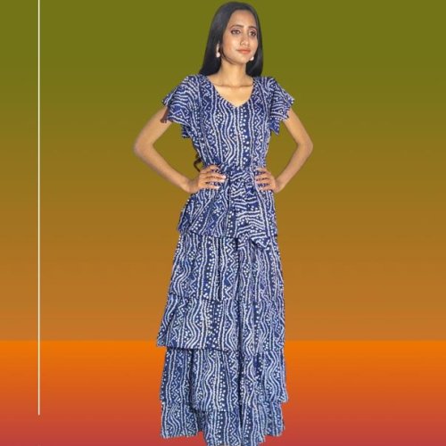 Blue Printed Synthetic Ladies Dress