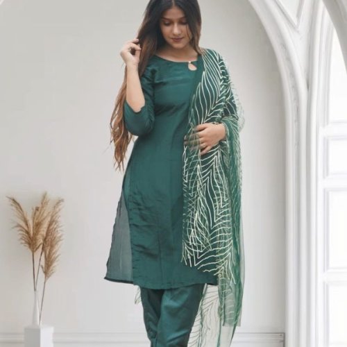 Bottle Green Ladies Silk Suit Set