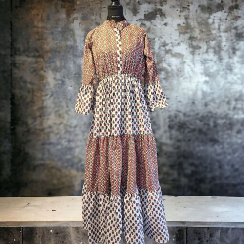 Brown White Cotton Printed Dress