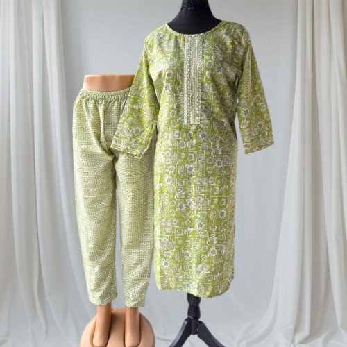 Light Green Printed Cotton Kurti Pant Set