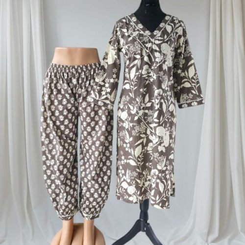 Metallic Brown Printed Cotton Kurti Pant Set