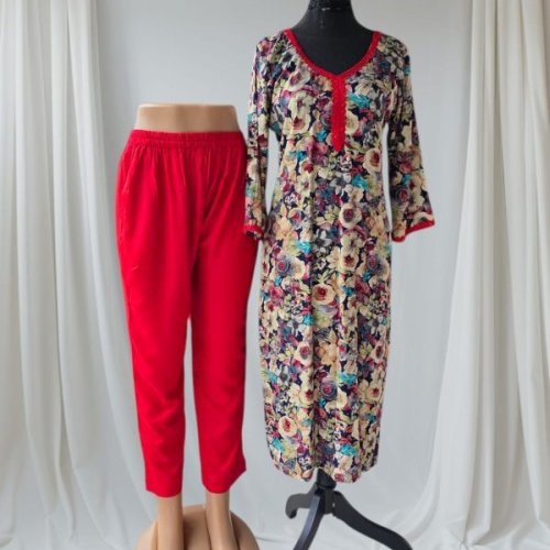 Multicolor Printed Rayon Kurti Pant Set