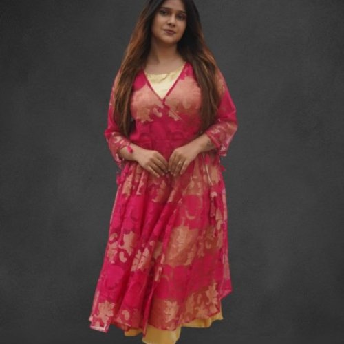 Pink Satin Chanderi Anarkali Kurti