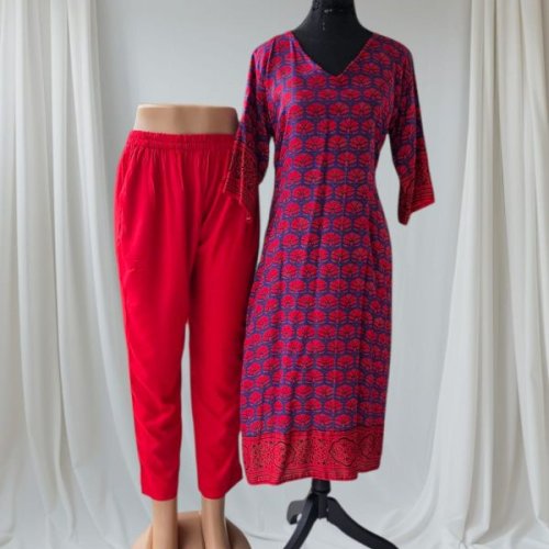 Printed Slub Cotton Kurti Pant Set
