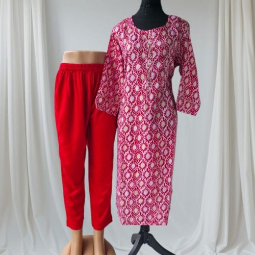 Red Printed Cotton Kurti Pant Set