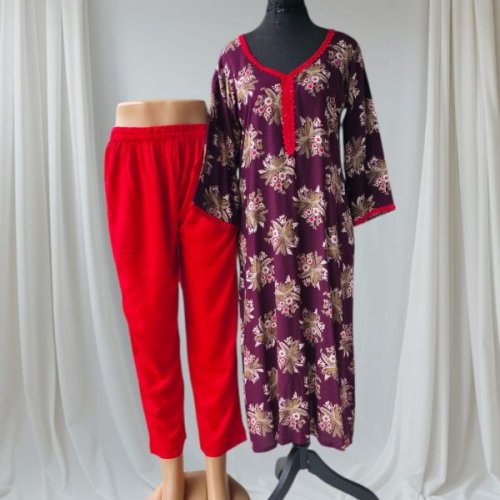 Wine Red Printed Rayon Kurti Pant Set