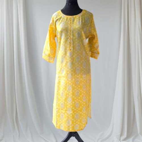 Yellow Printed Rayon Kurti
