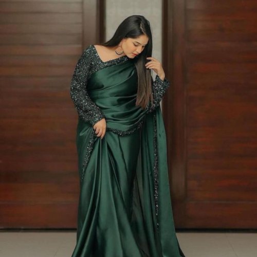 Plain Green Satin Silk Saree