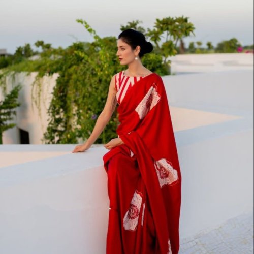 Red Printed Satin Saree