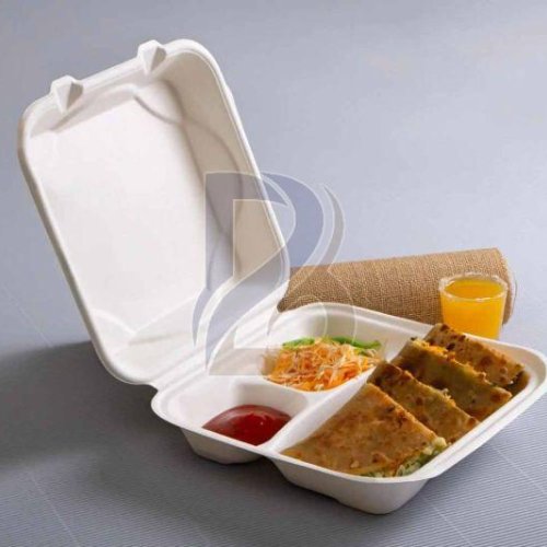 3 Compartment Hinge Lid Square Bagasse Container