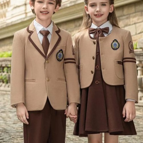 Kids Cotton Blend Beige Brown Trim School Blazer