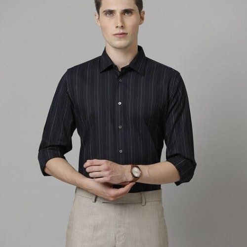 Mens Cotton Blend Black Vertical Stripe Shirt