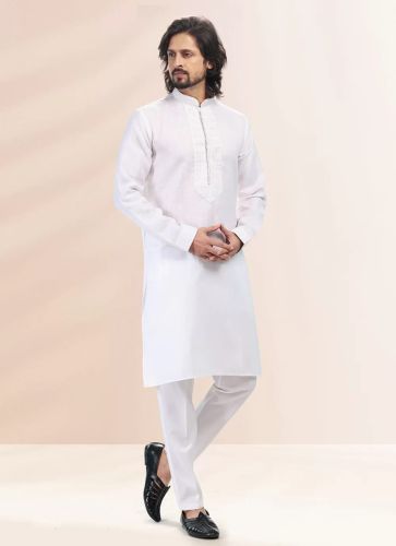 Mens Cotton Blend White Embroidered Kurta Pajama Set