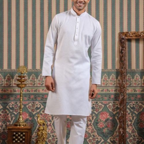 Mens Cotton Blend White Kurta Churidar Set with Button Placket
