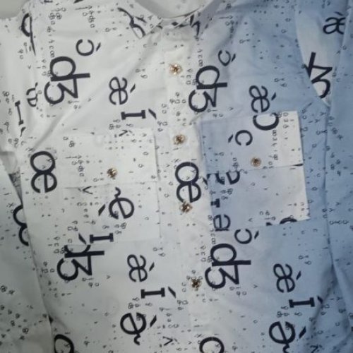 Mens Cotton Blend White Symbol Print Shirt with Mandarin Collar