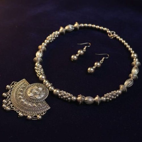 Silver Oxidized Women Choker Necklace Set