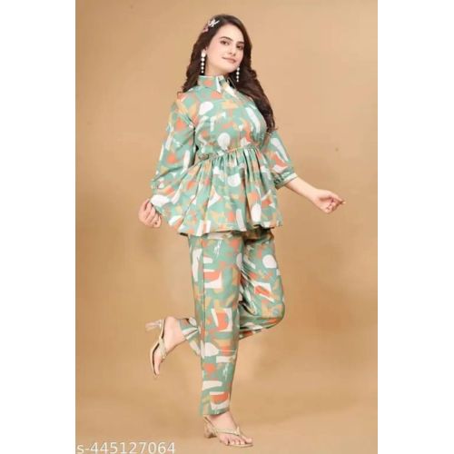 Ladies Green Printed Polyester Co-Ord Set
