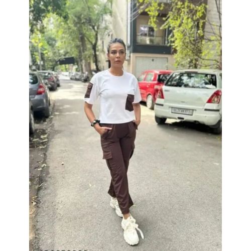 Ladies White & Brown Polyester Co-Ord Set