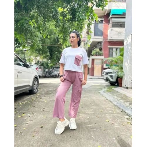 Ladies White & Link Pink Polyester Co-Ord Set