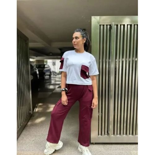Ladies White & Maroon Polyester Co-Ord Set