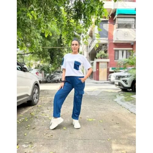 Ladies White & Teal Blue Polyester Co-Ord Set