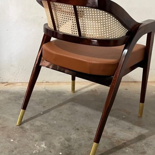 Cane and Leather Dining Chair with Brass Accents