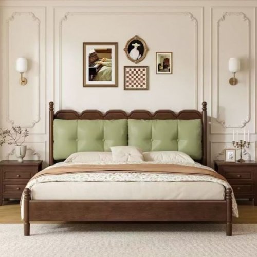 Elegant Wooden Bed with Upholstered Headboard
