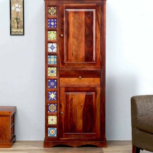 Handcrafted Sheesham Wood Armoire with Tile Accents