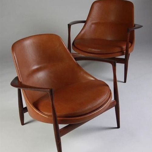 Walnut Wood and Tan Leather Lounge Chair