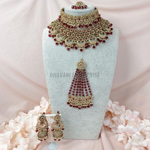 Grand Bridal Kundan &AMP; Ruby-Red Stone Choker Set with Maang Tikka and Jhumkas