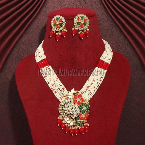 Jaipuri Kundan &AMP; Meenakari Beaded Necklace Set with Earrings
