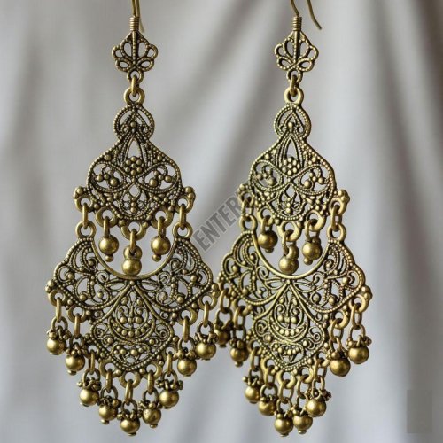 Intricately Carved Brass Chandelier Earrings