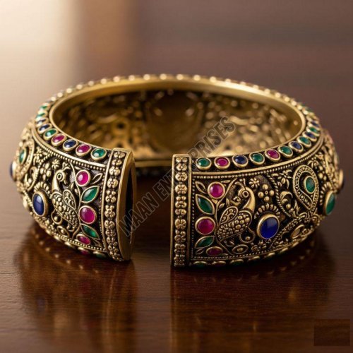 Intricately Designed Brass Kada with Stones