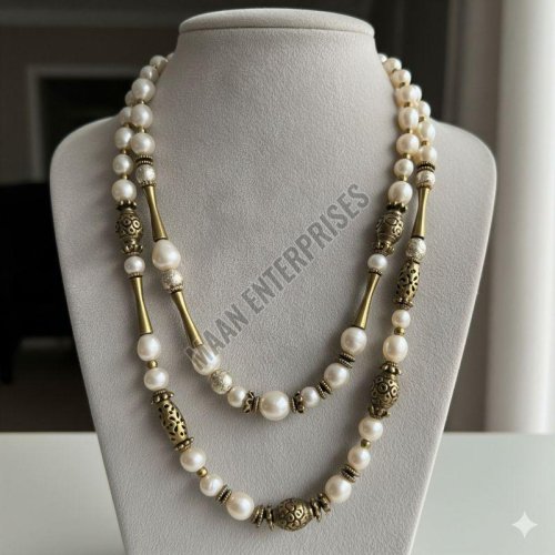 Long Pearl & Brass Beaded Necklace