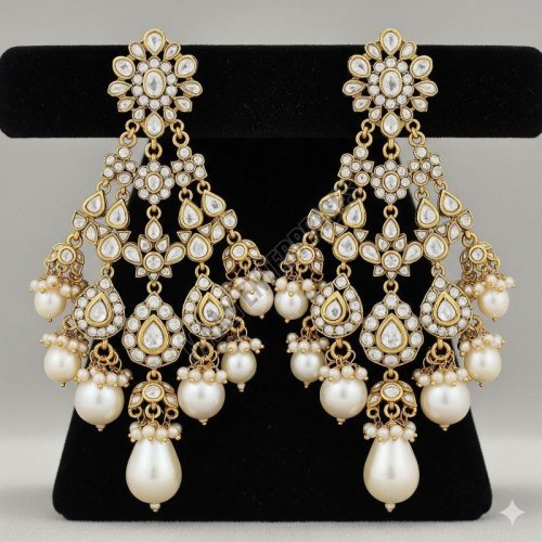 Luxury Polki Style & Pearl Drop Chandelier Earrings