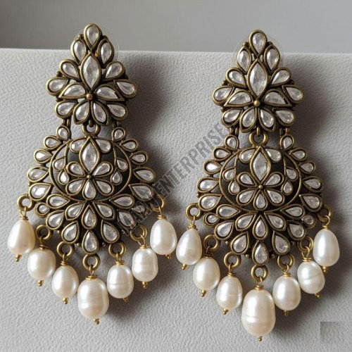 Polki Style Brass & Pearl Drop Earrings
